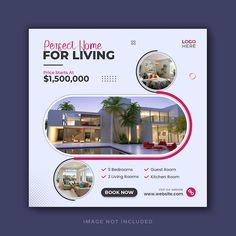 a real estate flyer is shown with an image of a house and palm trees in the background