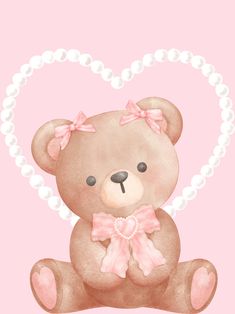 a pink teddy bear with pearls in the shape of a heart on a pink background