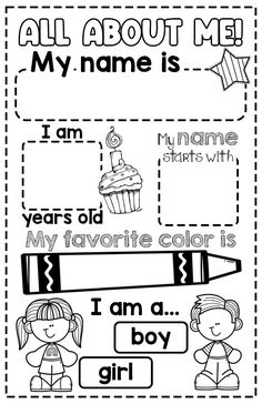 the worksheet for all about me and my name is, i am a boy