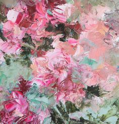 an abstract painting with pink and green colors