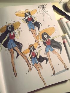 a drawing of some girls in different outfits