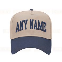 Custom Any Name Your Name City State School Embroidered Hat Personalized 2 Tone Retro Arched Block Snapback Cap - Fast Ship Personalization - Choose your Hat color. - Choose your Thread - Provide the WORD/ANY NAME that is to be sewn onto the cap on the Personalization Text Box.      Maximum of 10 characters Hat Details - 5 Panel Mid Profile Baseball Cap - 65% Polyester / 35% Cotton - Structured Firm Front Panel - Adjustable Snapback  Embroidery Details - Block Arched Style - Satin Stitched Proce College Hats, Custom Embroidered Hats, Personalized Hats, State School, Embroidered Hat, Personalized Embroidery, Text Box, Dad Caps, Embroidered Hats