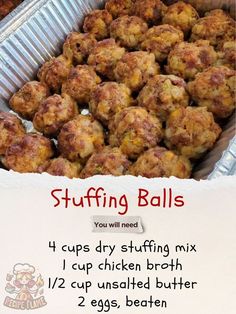 a bunch of food in a metal pan on top of a table with instructions for stuffing balls