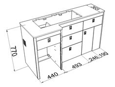 a drawing of a double sink cabinet with measurements for each drawer and the top section