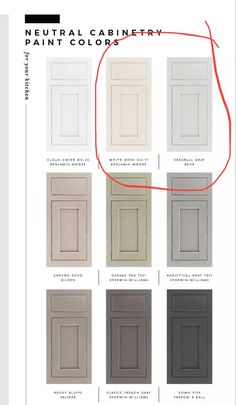 the color chart for neutral cabinetry is shown in red and white, with different colors