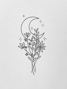 a black and white drawing of flowers with the moon in the background