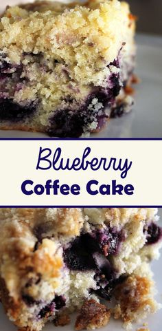 blueberry coffee cake is cut in half and stacked on top of each other with the words, blueberry coffee cake above it