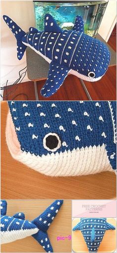 a crocheted blue and white shark pillow