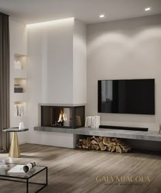 modern living room with fireplace and flat screen tv mounted on the wall over wood flooring