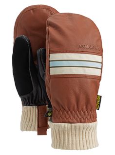 a pair of brown leather mitts with white and blue stripes on the palm,