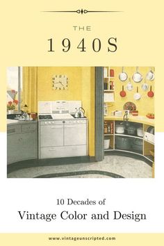 an old fashioned kitchen with yellow walls and white appliances