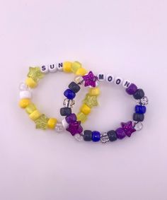 These matching sun and moon bracelets are perfect for any kandi kid, scene lover, or rave goer! Match with a friend, or wear both for yourself! Either way, they're a perfect addition to any outfit!  All bracelets are made with cloth-covered stretch cord, which assures that your jewlery will stretch nicely around the hand. the cloth covering will keep the quality at top shape for as long as possible, and prevent any wear and tear. Sizing Instructions  Small: Measures 6 inches around the wrist (with additional stretch) Medium: Measures 7 inches around the wrist (with additional stretch) Large: Measures 8 Inches around the wrist (with additional stretch) If you'd prefer your bracelet to be a custom size, please include within the note of your order, or dm me! Every order comes with an extras Bracelets Kandi, Bracelets Matching, Rave Scene, Neon Bracelets, Kandi Kid, Moon Bracelet, Alternative Jewelry, Sun And Moon, Matching Bracelets