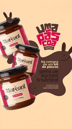 three jars of margant peanut butter on a brown and pink background with the words margant in spanish