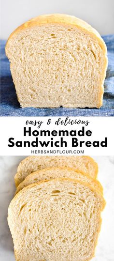 homemade sandwich bread cut in half with text overlay that reads easy and delicious homemade sandwich bread