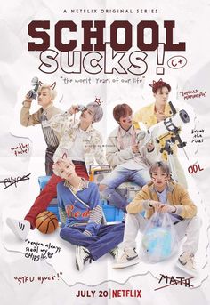 the movie poster for school sucks is shown in red and white, with an image of boys