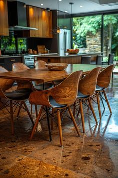 a dining room table and chairs in front of an open kitchen