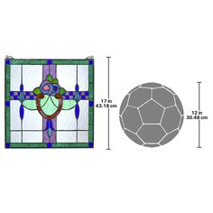 an image of a stained glass window next to a ball on a white background with measurements