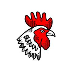 a red rooster with black and white lines on it's head