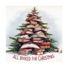 a christmas tree made out of books with the words, all booked for christmas