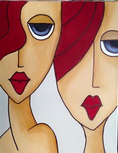 two women with red hair and blue eyes are depicted in this acrylic painting