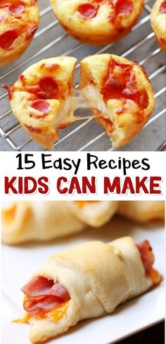 pizzas with the words 15 easy recipes kids can make on them and in front of them