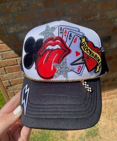 Who doesn't love rock n roll?? Check out this custom trucker hat, made to order just for you Festival Trucker Hat With Flat Brim, Trucker Hat With Flat Brim For Festivals, Festival Trucker Cap With Flat Brim, Trucker Baseball Cap With Flat Brim For Festival, Trucker Flat Brim Baseball Cap For Festivals, Trucker Style Flat Brim Baseball Cap For Festivals, Festival Trucker Baseball Cap, Festival Trucker Hat 5-panel, Festival Trucker Snapback Hat