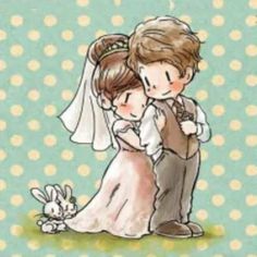 a drawing of a bride and groom hugging each other on their wedding day with polka dots in the background