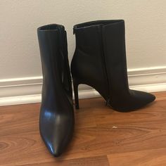 Black Stiletto Booties. Never Worn. Black Synthetic Pointed Toe Heeled Boots, Brown Square Toe Boots, Square Toed Boots, Etienne Aigner Boots, Tall Brown Leather Boots, Black Booties With 4-inch Heel And Pointed Toe, Tan Suede Boots, Black Ankle-high Synthetic Heeled Boots, Black Ankle-high Moto Boots With Zipper Closure