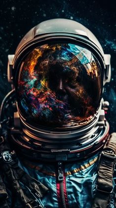 an astronaut in outer space with his face covered by colorful clouds and stars behind him