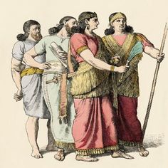 three men in ancient clothing standing next to each other, one holding a spear and the other wearing a headdress