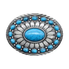 a blue and silver belt buckle with turquoise stones in the center on a white background