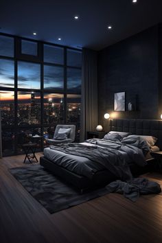 a large bed sitting next to a tall window in a room with lots of windows