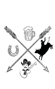 an image of a cowboy and other items in the shape of a cross on a white background