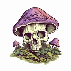 a skull wearing a mushroom hat sitting on top of green plants and mushrooms in the ground