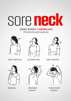 the instructions for sore neck are shown in red and black on a white background with text