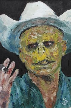 a painting of a man wearing a white hat and holding his hand up to the camera