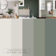 a living room with green walls and white furniture in shades of gray, beige, and grey