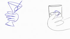 a drawing of a hand holding a glass with an object in the bottom right corner