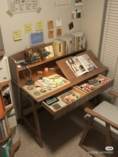 a computer desk with many books and papers on it