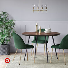 a dining room table with green chairs and a potted plant on the floor next to it