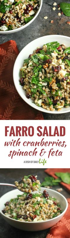 the cover of faro salad with cranberries, spinach and feta