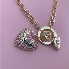 Juicy Couture Charm Necklace Super Cute! Brand New Never Used Charms: *Juicy *Heart Adjustable Length Iconic Charms Include A Gemstone-Filled Written Heart, Lettered Flat Heart Charm, Crown, Pink Diamond Choker, Juicy Coture Necklace, Cher Horowitz Jewelry, Chrissy Necklace, Mcbling Necklace, Wl Rewards, Juicy Culture, Juicy Couture Charm Necklace, Colourpop Blush