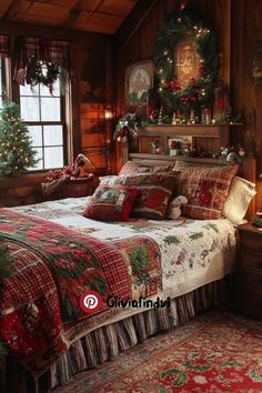 a bedroom decorated for christmas with red and green decorations on the walls, plaid bedspread