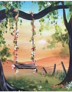 a painting of a tree swing with flowers hanging from it