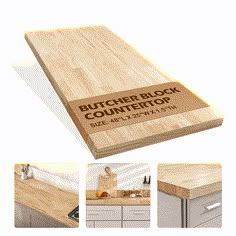 the butcher block countertop is made out of wood and has an advertise on it