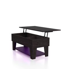 a coffee table with a drawer underneath it on a white background and purple light coming from the top