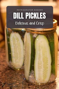 pickles in a glass jar with ice on the counter