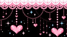 pink hearts and stars are hanging from the side of a black background with white lace