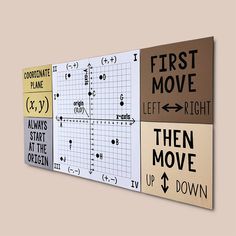 three different types of posters hanging on a wall with the words first move, then move up