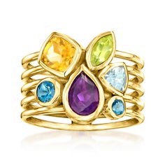 Ross-Simons - 1.80 ct. t. w. Multi-Gemstone Ring Pear Cut in 18kt Gold Over Sterling. Size 9. An RS exclusive. Sprinkled with colorful sparkle, this multi-row ring delivers the stacked look on one great style! 1.80 ct. tot. gem wt. multi-shaped amethyst, citrine, sky blue topaz, peridot and London blue topaz gems shine in polished 18kt yellow gold over sterling silver. 1/2" wide. Multi-gemstone ring. Peridot birthstones are the perfect gift for August birthdays. August Birthdays, Multi Gem Ring, Peridot Birthstone, Multi Gemstone Ring, Sky Blue Topaz, Citrine Stone, Ring Pictures, Yellow Stone, Dream Ring